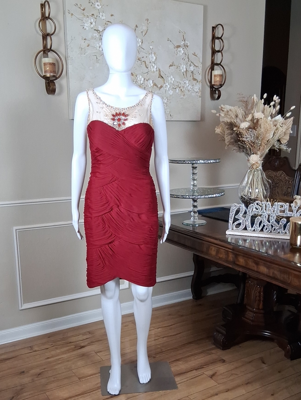 Adrianna Papell Deep Red Beaded Illusion Neck Cocktail Pleated Dress Medium - Picture 6 of 16